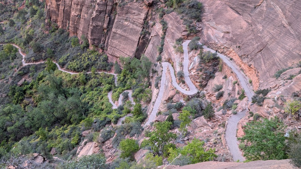 Looking up the Angels Landing route in Zion Canyon toward the sandstone fin and trail ahead