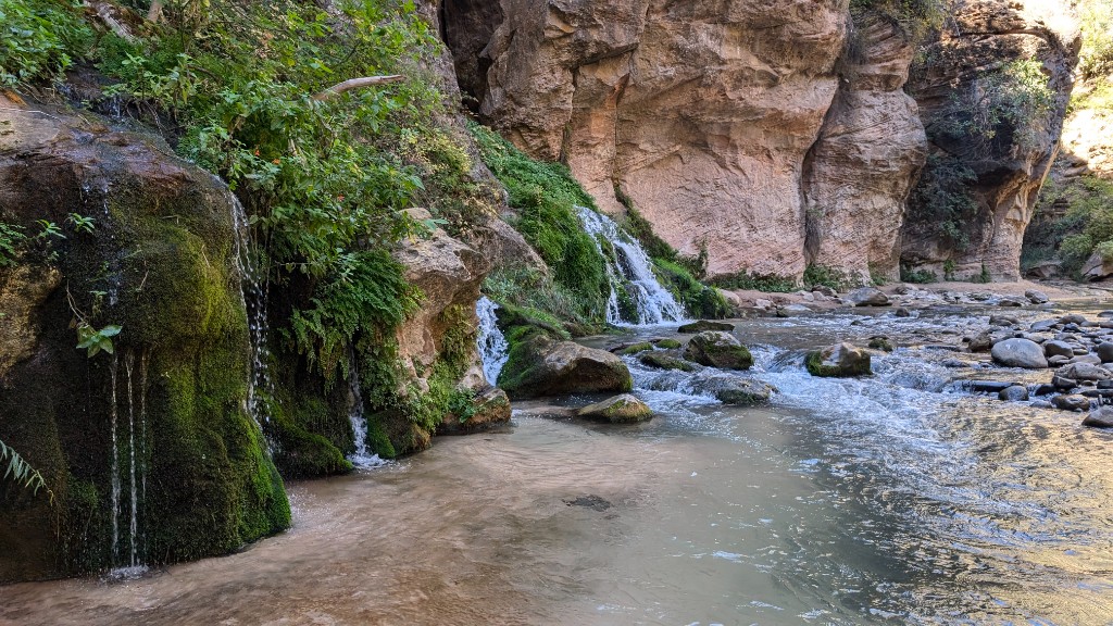 Big Spring waterfall cascading over moss-covered rocks into the Virgin River, The Narrows, Zion National Park