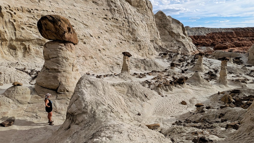 A hiker beside a massive Toadstool Hoodoo with white sandstone stem and dark caprock, Grand Staircase-Escalante