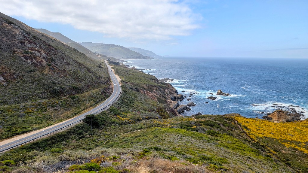 Highway 1 winding along the Big Sur coastline with wildflowers and Pacific Ocean